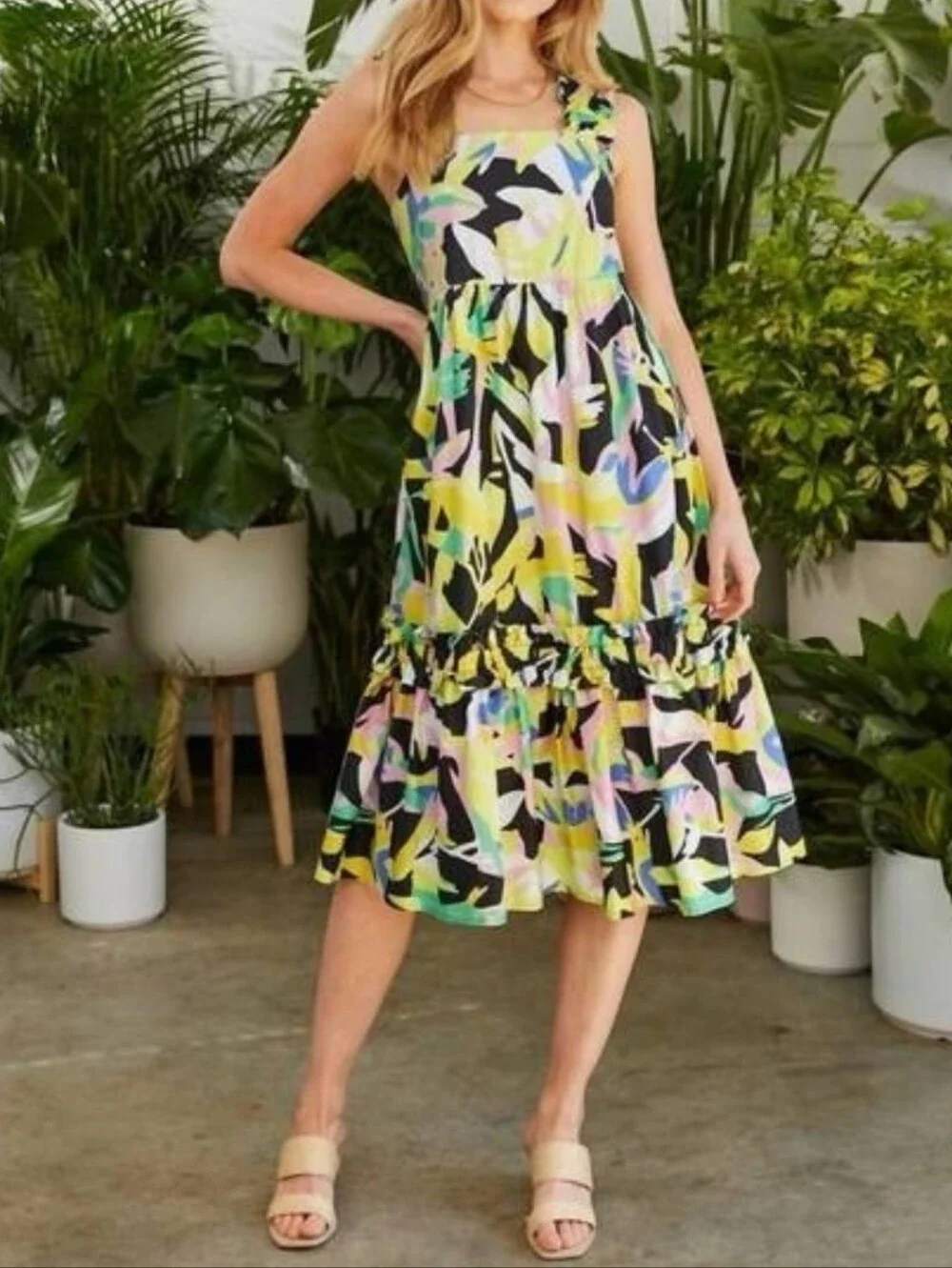 Crosby Bowie Sleeveless Multicolor Tropical Floral Print Midi Dress Sz Medium